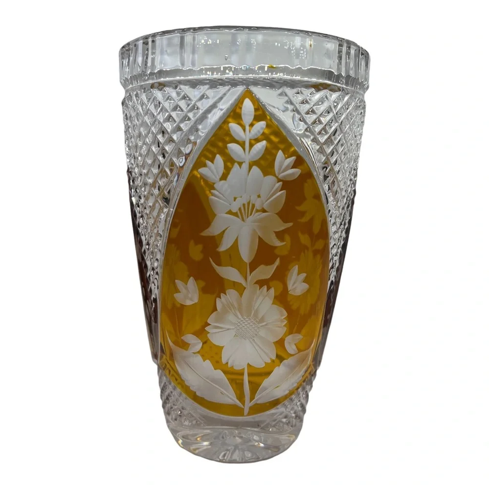 Czech Amber Crystal Three Panel Vase MCM Elegant Glass Vase